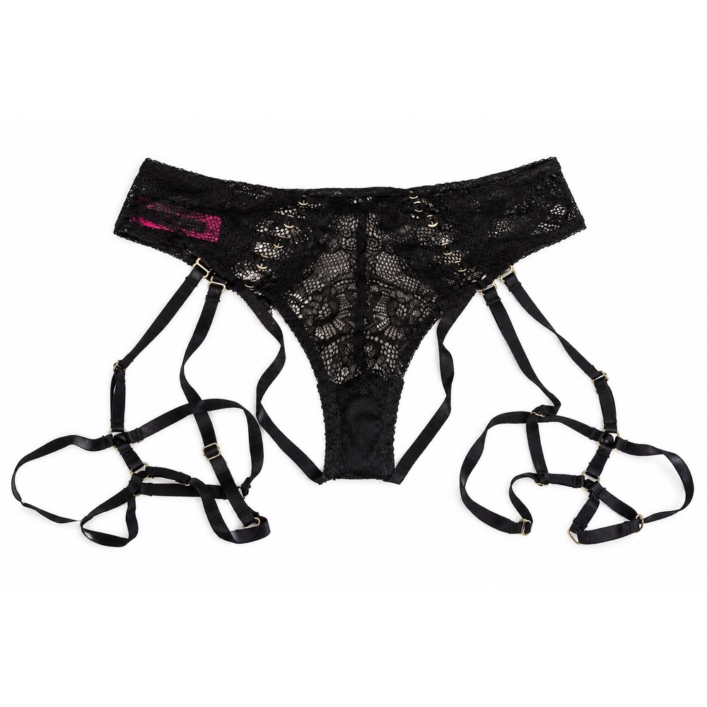 La Senza Black Lace Garter Thong Strappy Cage Panty Gold Hardware XS